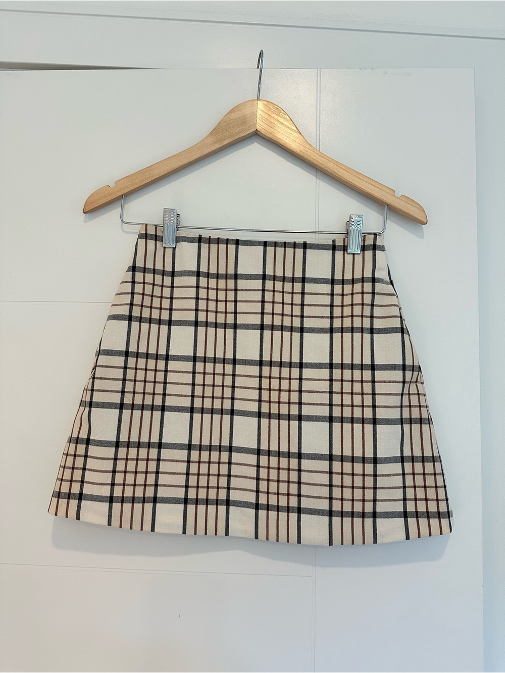 Wilfred Cream Plaid Mini Skirt with Black and Brown Stripes